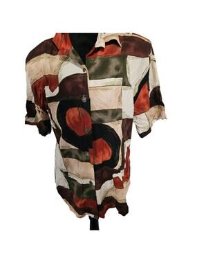 Caliche Collection Women's Blouse Abstract Art Print Shoulder Pads Button Up